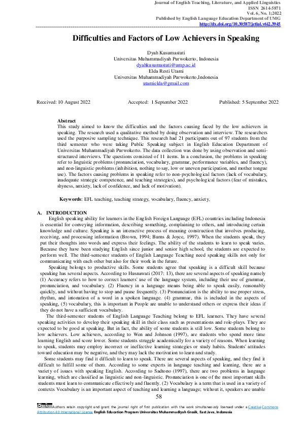 (PDF) Difficulties and Factors of Low Achievers in Speaking | Elda ...