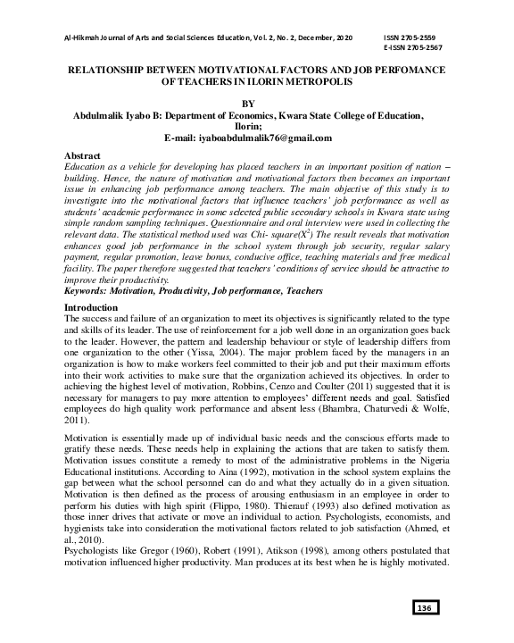 (PDF) Relationship between Motivational Factors and Job Performance of ...