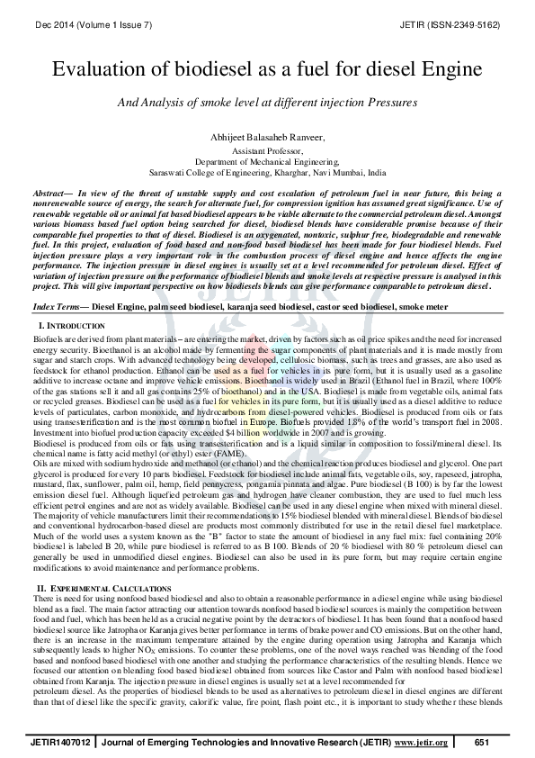 (PDF) Evaluation of biodiesel as a fuel for a diesel engine & analysis ...