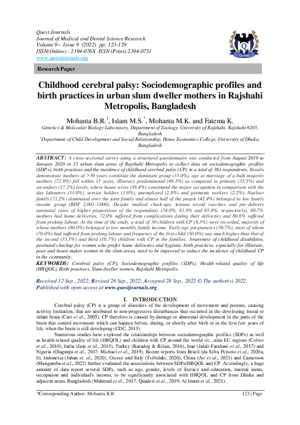 (PDF) Childhood cerebral palsy: Sociodemographic profiles and birth ...