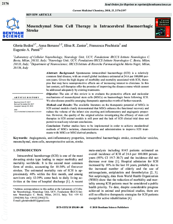 (PDF) Mesenchymal Stem Cell Therapy in Intracerebral Haemorrhagic Stroke