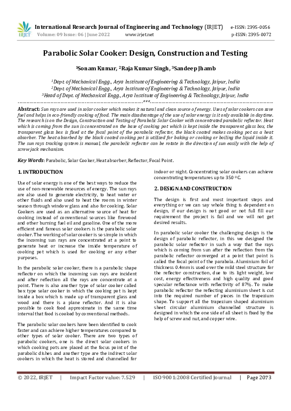 (PDF) Parabolic Solar Cooker: Design, Construction and Testing