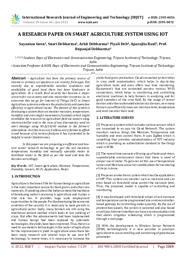 (PDF) A RESEARCH PAPER ON SMART AGRICULTURE SYSTEM USING IOT