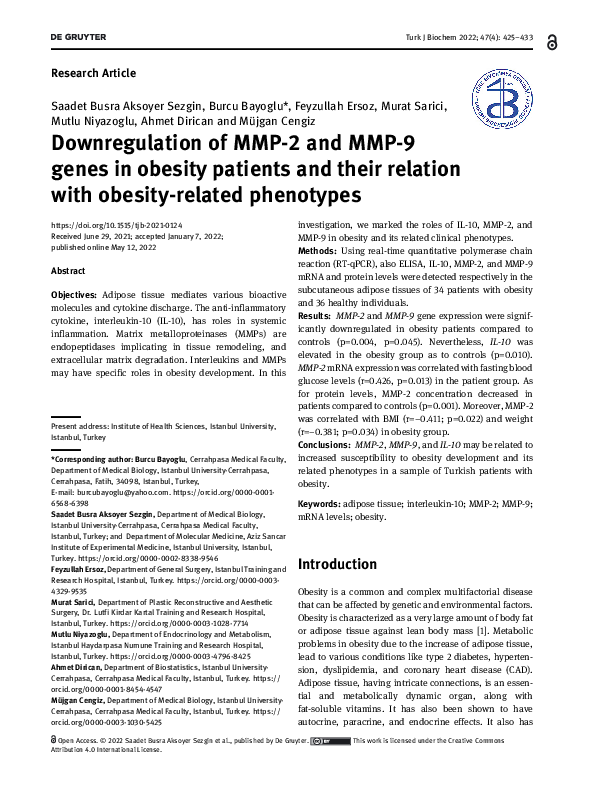 (PDF) Downregulation of MMP-2 and MMP-9 genes in obesity patients and ...