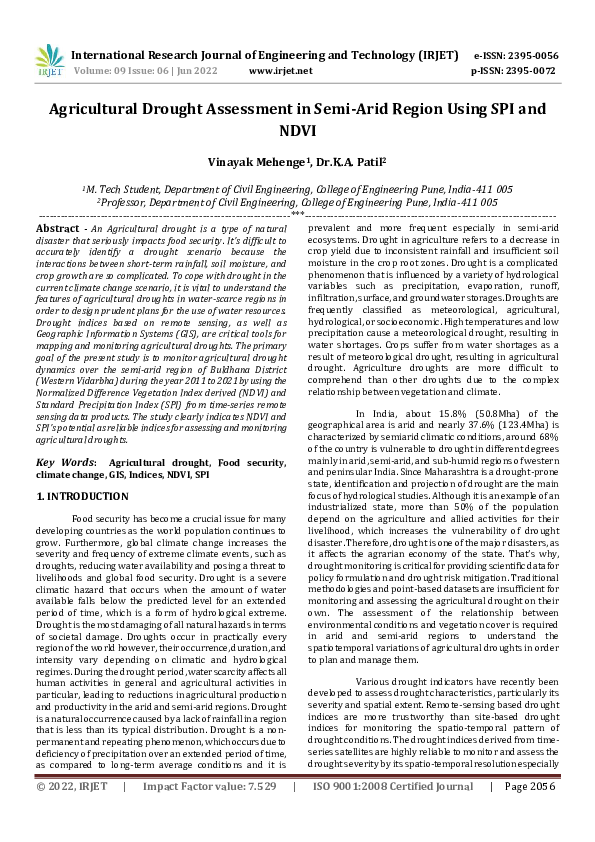 (PDF) Agricultural Drought Assessment in Semi-Arid Region Using SPI and ...