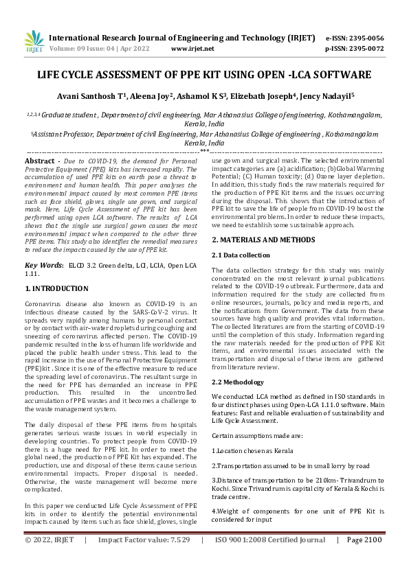 (PDF) LIFE CYCLE ASSESSMENT OF PPE KIT USING OPEN -LCA SOFTWARE