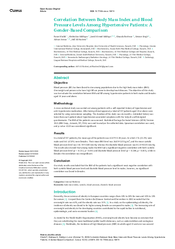 (PDF) Correlation Between Body Mass Index and Blood Pressure Levels ...