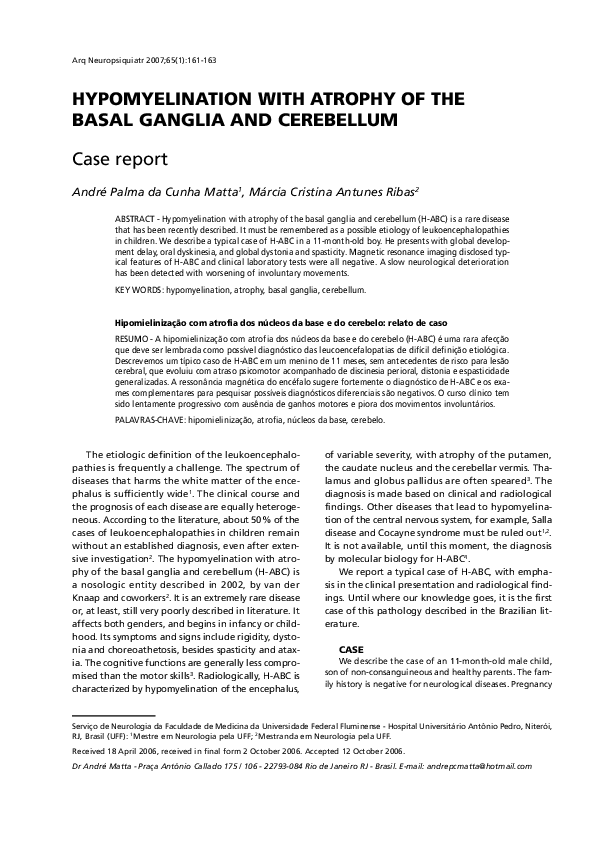 (PDF) Hypomyelination with atrophy of the basal ganglia and cerebellum ...