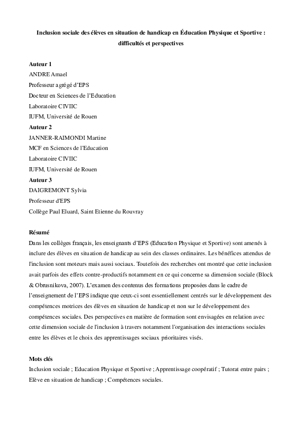 (PDF) Inclusion sociale des élèves en situation de handicap en ...