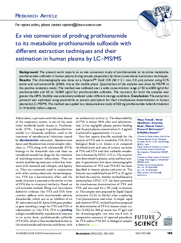 (PDF) Ex vivo conversion of prodrug prothionamide to its metabolite ...