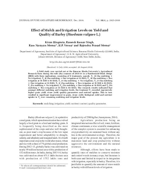 Effect of Mulch and Irrigation Levels on Yield and Quality of Barley ...