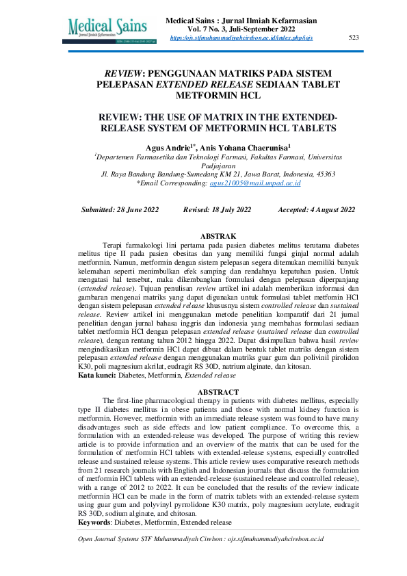(PDF) Review: Penggunaan Matriks Pada Sistem Pelepasan Extended Release ...