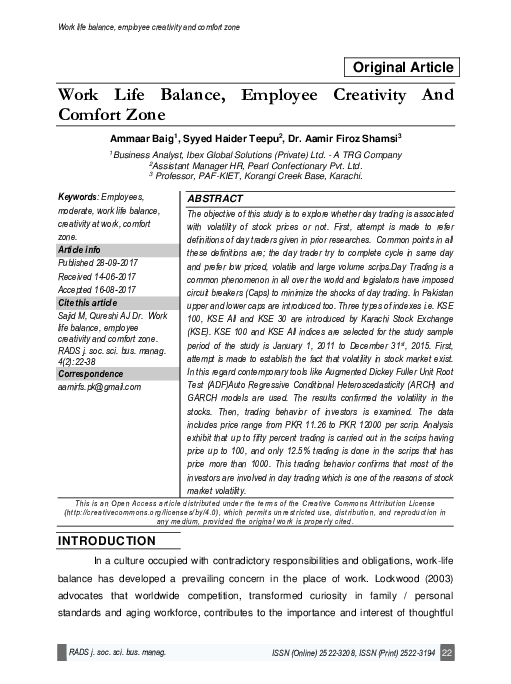 (PDF) Work life balance, employee creativity and comfort zone