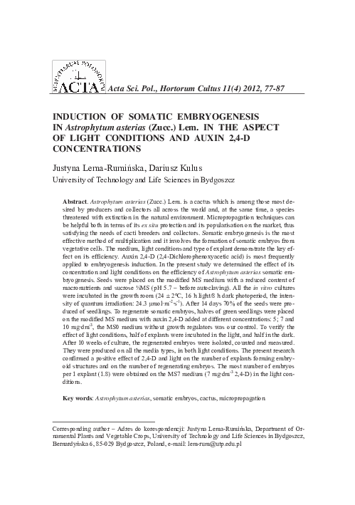 (PDF) INDUCTION OF SOMATIC EMBRYOGENESIS IN Astrophytum asterias (Zucc ...