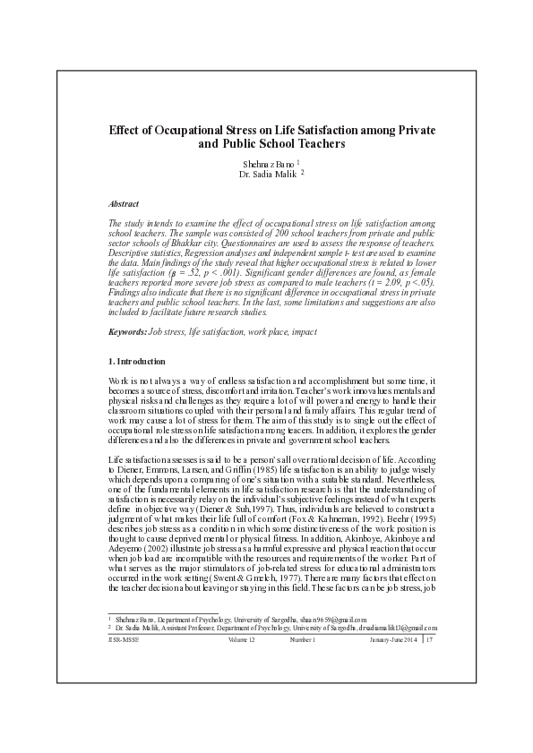 (PDF) Effect of Occupational Stress on Life Satisfaction among Private ...