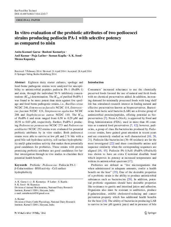 (PDF) In vitro evaluation of the probiotic attributes of two pediococci ...