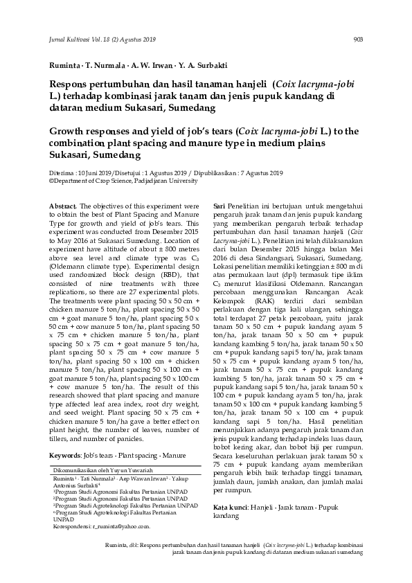 (PDF) Respons pertumbuhan dan hasil tanaman hanjeli (Coix lacryma-jobi ...