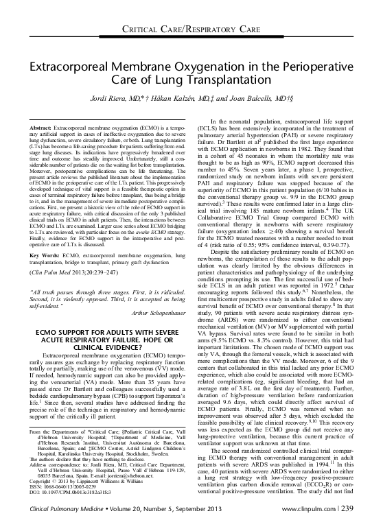 (PDF) Extracorporeal Membrane Oxygenation in the Perioperative Care of ...