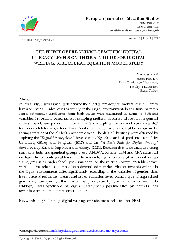(PDF) The Effect of Pre-Service Teachers' Digital Literacy Levels on ...