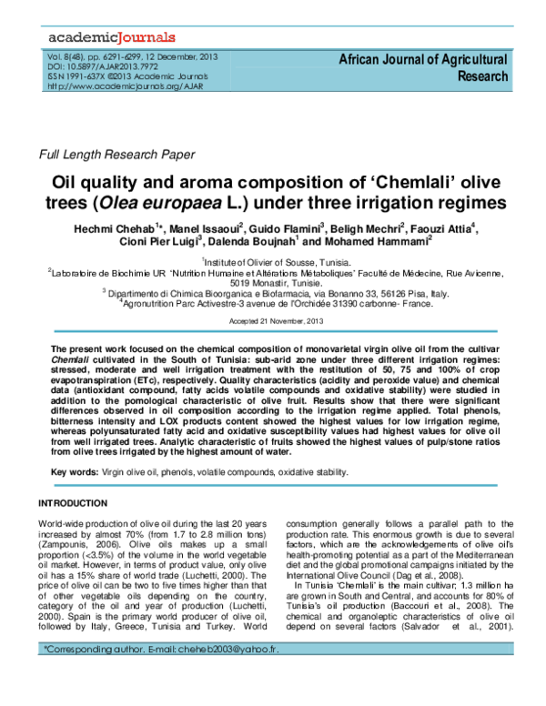 (PDF) Oil quality and aroma composition of 'Chemlali' olive trees (Olea ...