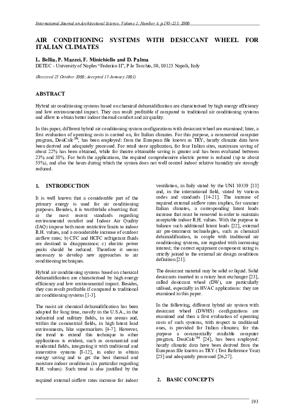(PDF) Air conditioning systems with desiccant wheel for Italian climates