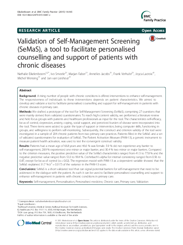(PDF) Validation of Self-Management Screening (SeMaS), a tool to ...