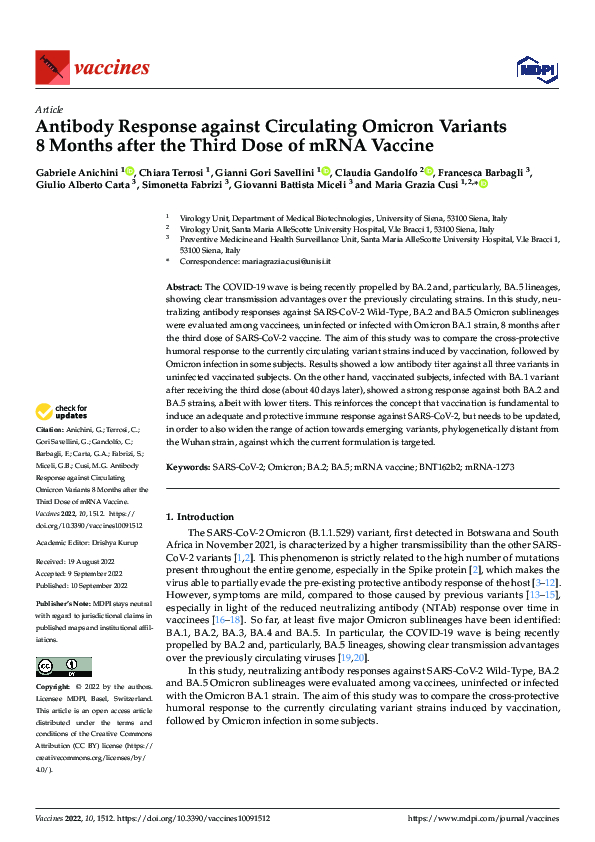 (PDF) Antibody Response against Circulating Omicron Variants 8 Months ...