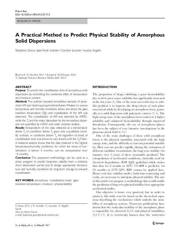 (PDF) A Practical Method to Predict Physical Stability of Amorphous ...