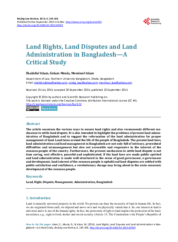 (PDF) Land Rights, Land Disputes and Land Administration in Bangladesh ...