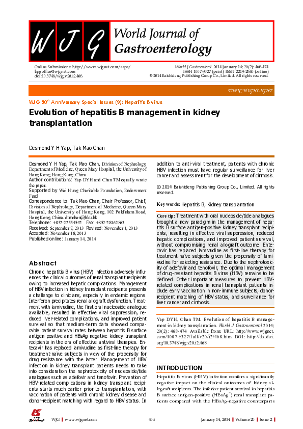 (PDF) Evolution of Hepatitis B management in kidney transplantation
