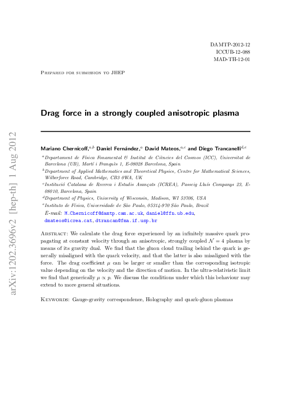 (PDF) Drag force in a strongly coupled anisotropic plasma