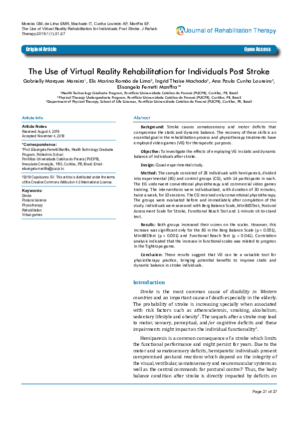 (PDF) The Use of Virtual Reality Rehabilitation for Individuals Post Stroke