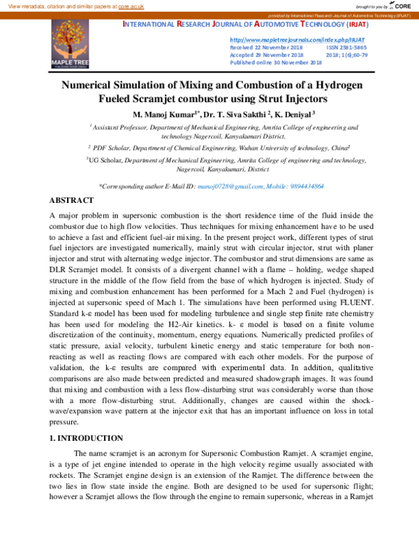 (PDF) Numerical Simulation of Mixing and Combustion of a Hydrogen ...