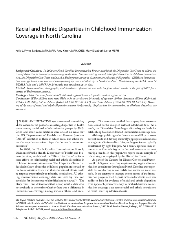 (PDF) Racial and Ethnic Disparities in Childhood Immunization Coverage ...