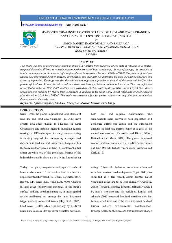 (PDF) SPATIO TEMPORAL INVESTIGATION OF LAND USE AND LAND COVER CHANGE ...
