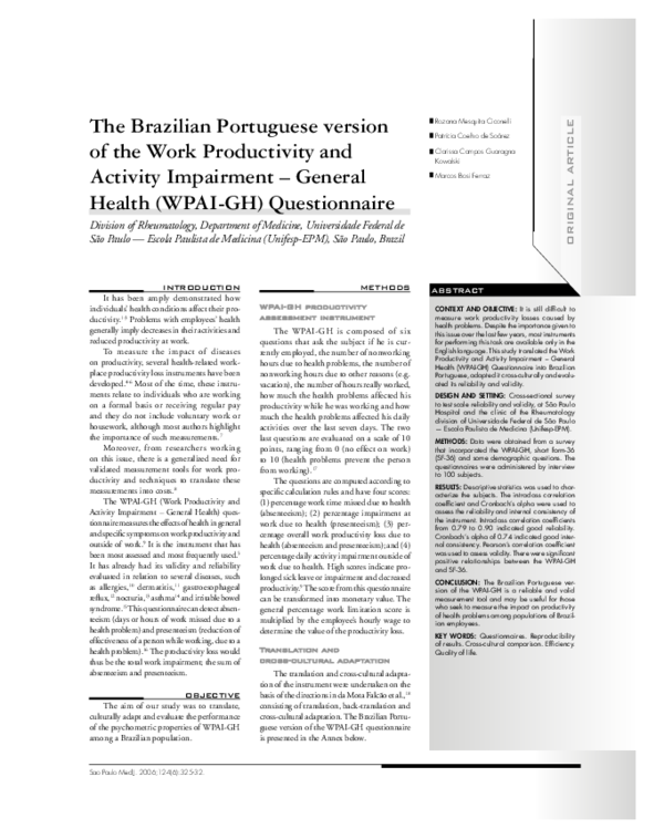 (PDF) The Brazilian Portuguese version of the Work Productivity and ...