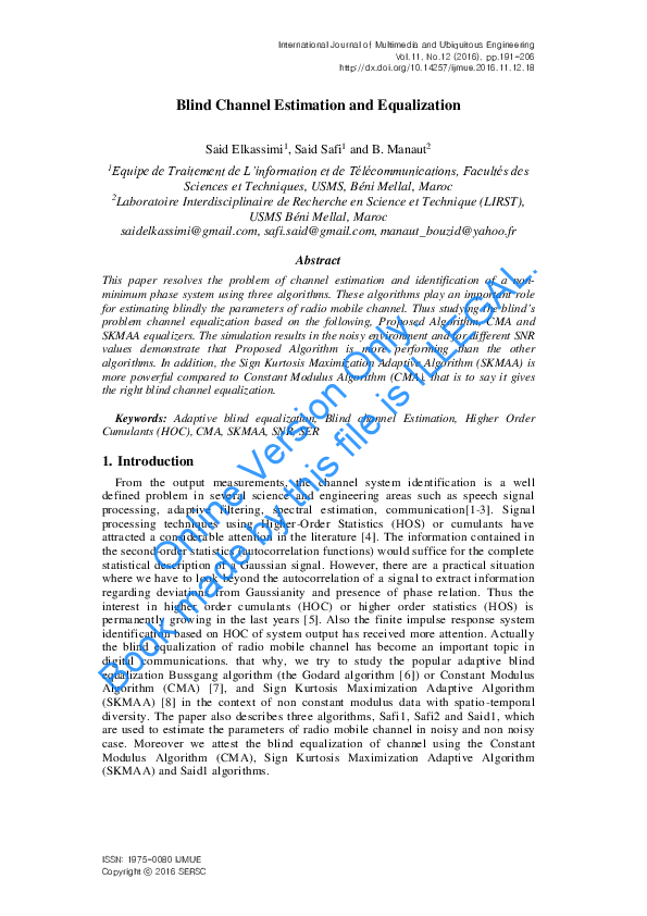 (PDF) Blind Channel Estimation and Equalization