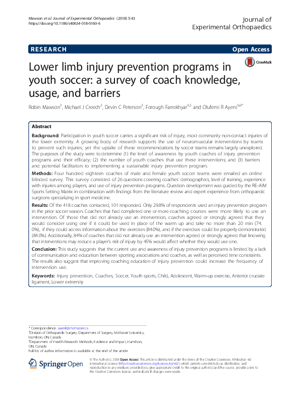 (PDF) Lower limb injury prevention programs in youth soccer: a survey ...