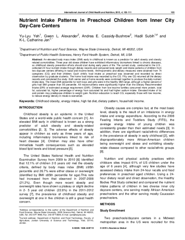 (PDF) Nutrient Intake Patterns in Preschool Children from Inner City ...