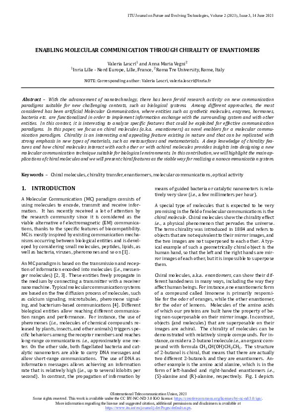 (PDF) Enabling molecular communication through chirality of enantiomers
