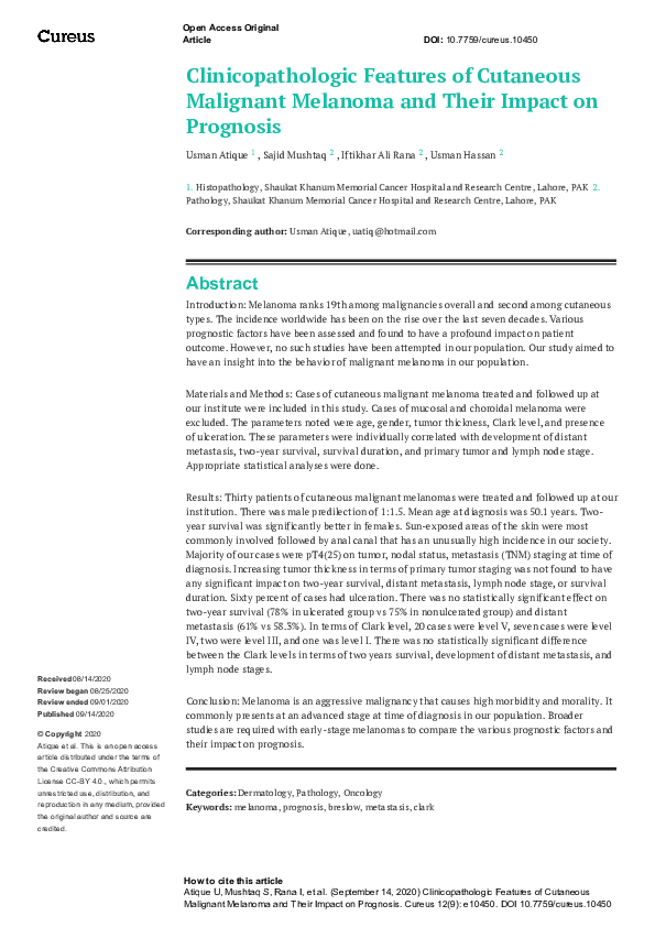 (PDF) Clinicopathologic Features of Cutaneous Malignant Melanoma and ...
