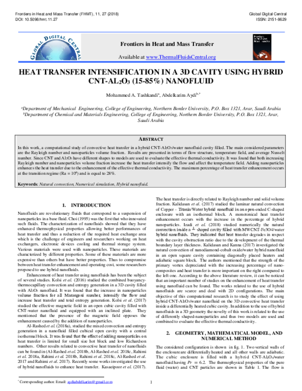 (PDF) Heat Transfer Intensification in a 3D Cavity Using Hybrid CNT ...
