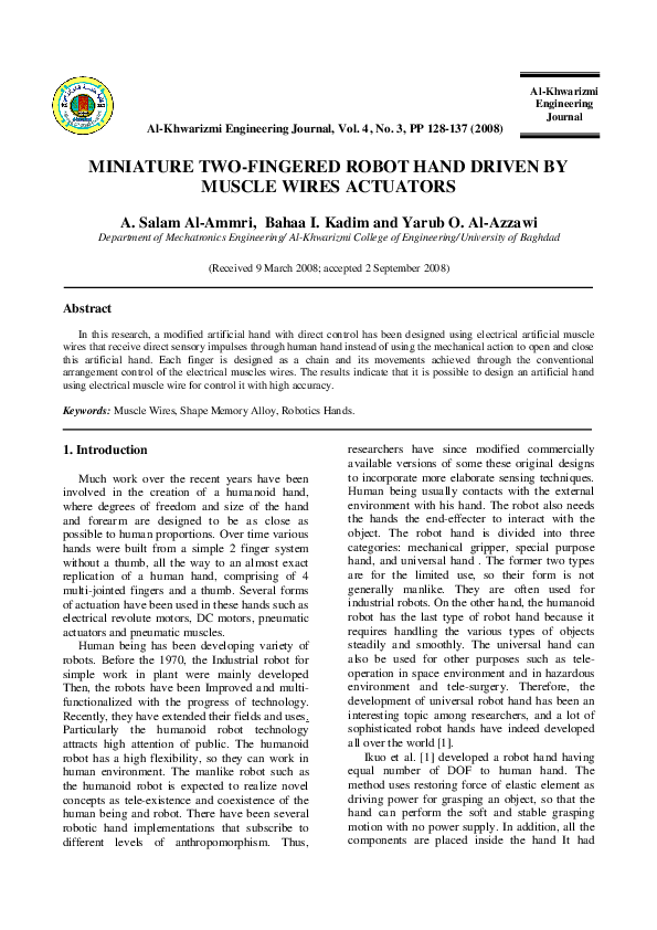 (PDF) Miniature Two-Fingered Robot Hand Driven by Muscle Wires Actuators