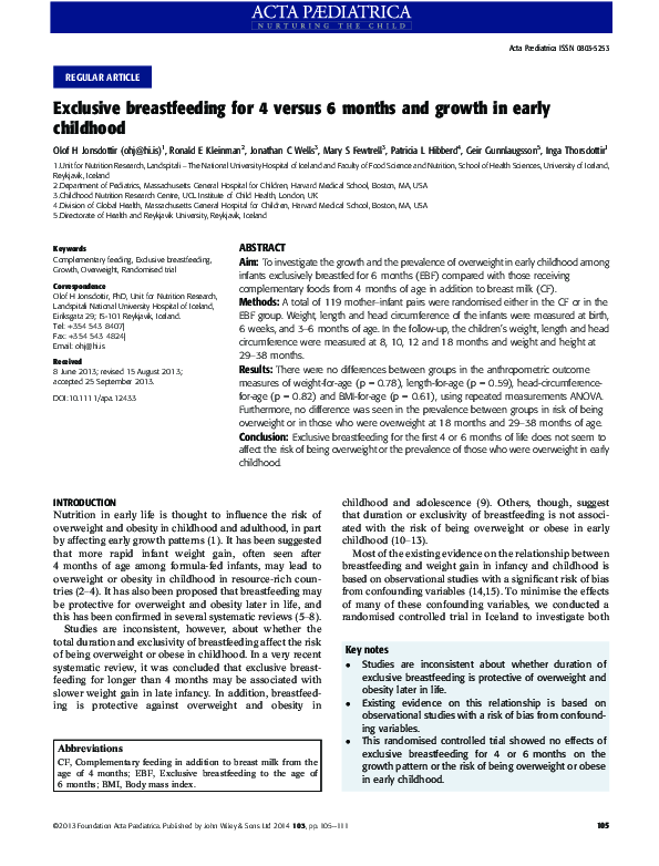 (PDF) Exclusive breastfeeding for 4 versus 6 months and growth in early ...