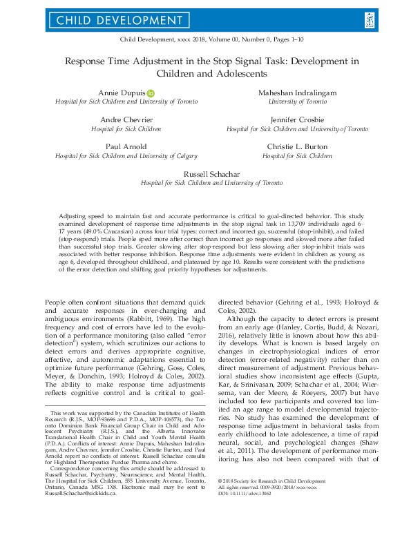 (PDF) Response Time Adjustment in the Stop Signal Task: Development in ...