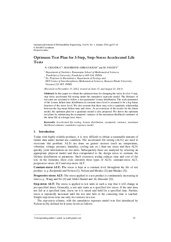 (PDF) Optimum Test Plan for 3-Step, Step-Stress Accelerated Life Tests