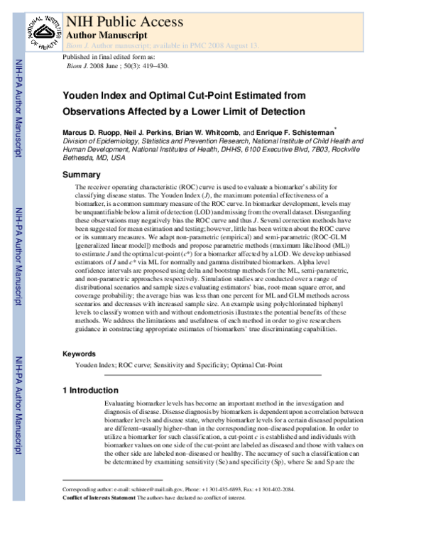 (PDF) Youden Index and Optimal Cut-Point Estimated from Observations ...