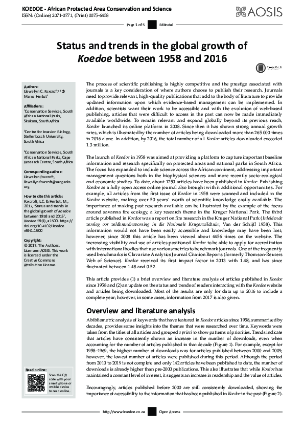 (PDF) Status and trends in the global growth of Koedoe between 1958 and ...