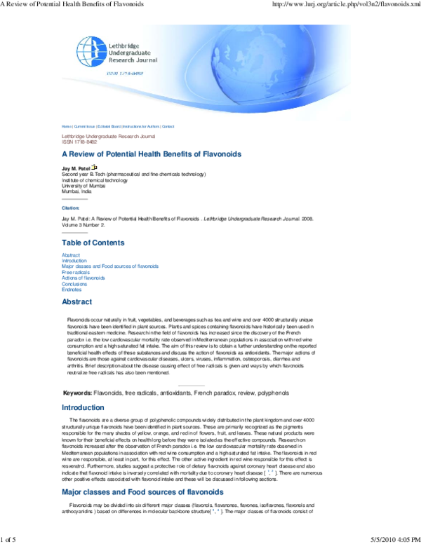 (PDF) A review of potential health benefits of flavonoids Jay M Patel