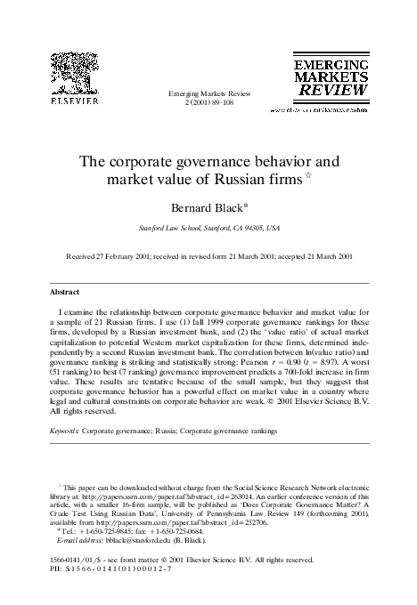 (PDF) The corporate governance behavior and market value of Russian firms